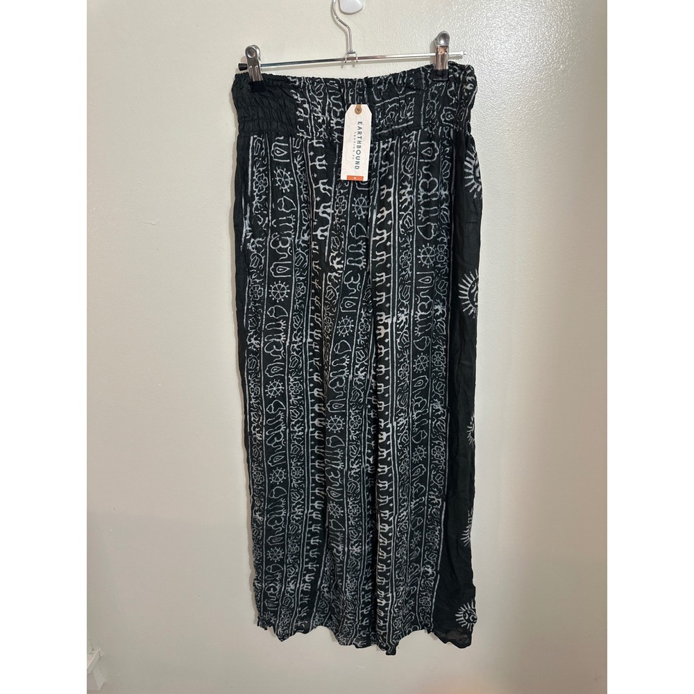 Earthbound Trading Co Black White Boho Om Print Wide Leg Palazzo Pants Smocked M